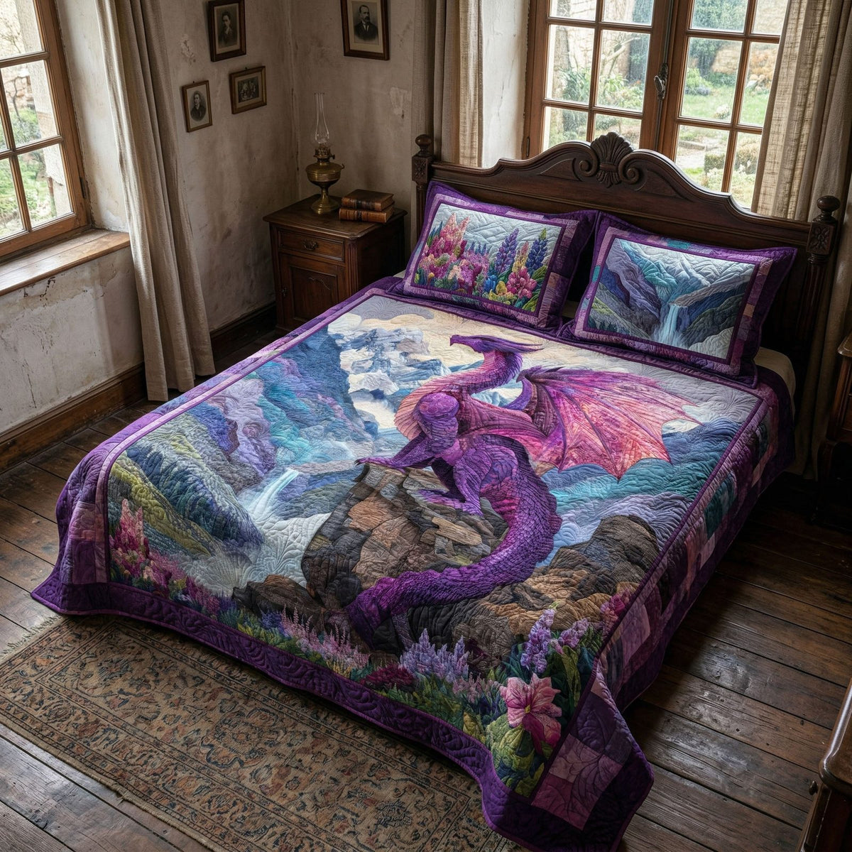 Mystic Valley quilted 3-piece bedding set on a made bed with two matching pillow shams