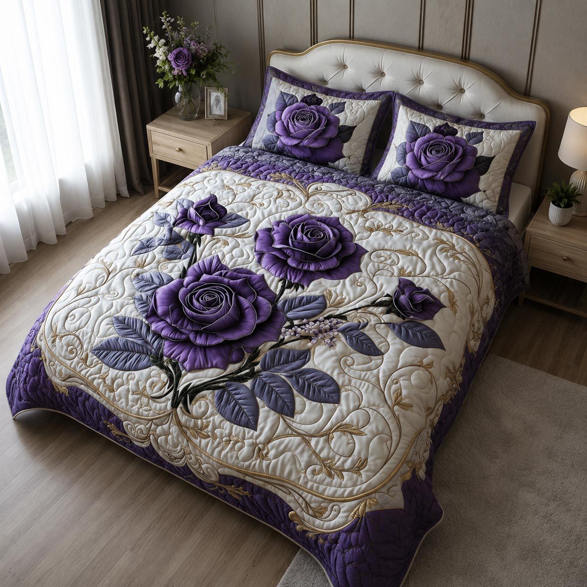 Mystic Violet Rose quilted 3-piece bedding set on a made bed with two matching pillow shams
