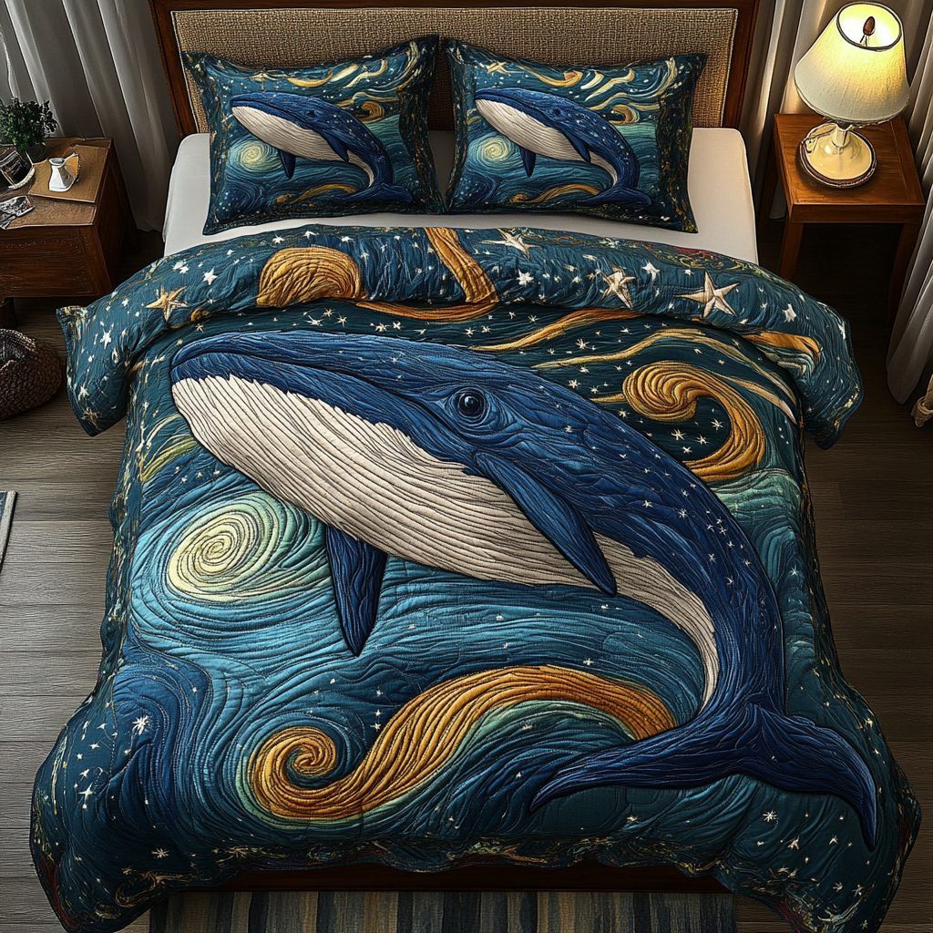 Mystic Wave quilted 3-piece bedding set on a made bed in a light coastal bedroom