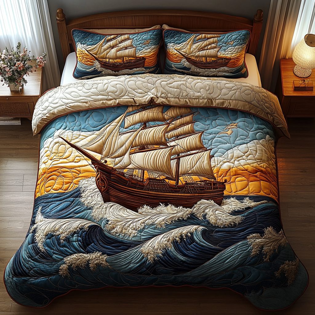 Mystic Waves quilted 3-piece bedding set on a made bed in a light coastal bedroom