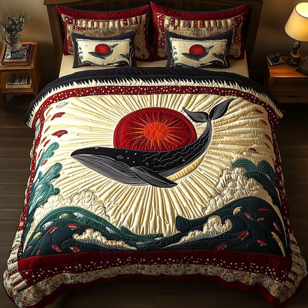 Mystic Whale quilted 3-piece bedding set on a made bed in a light coastal bedroom
