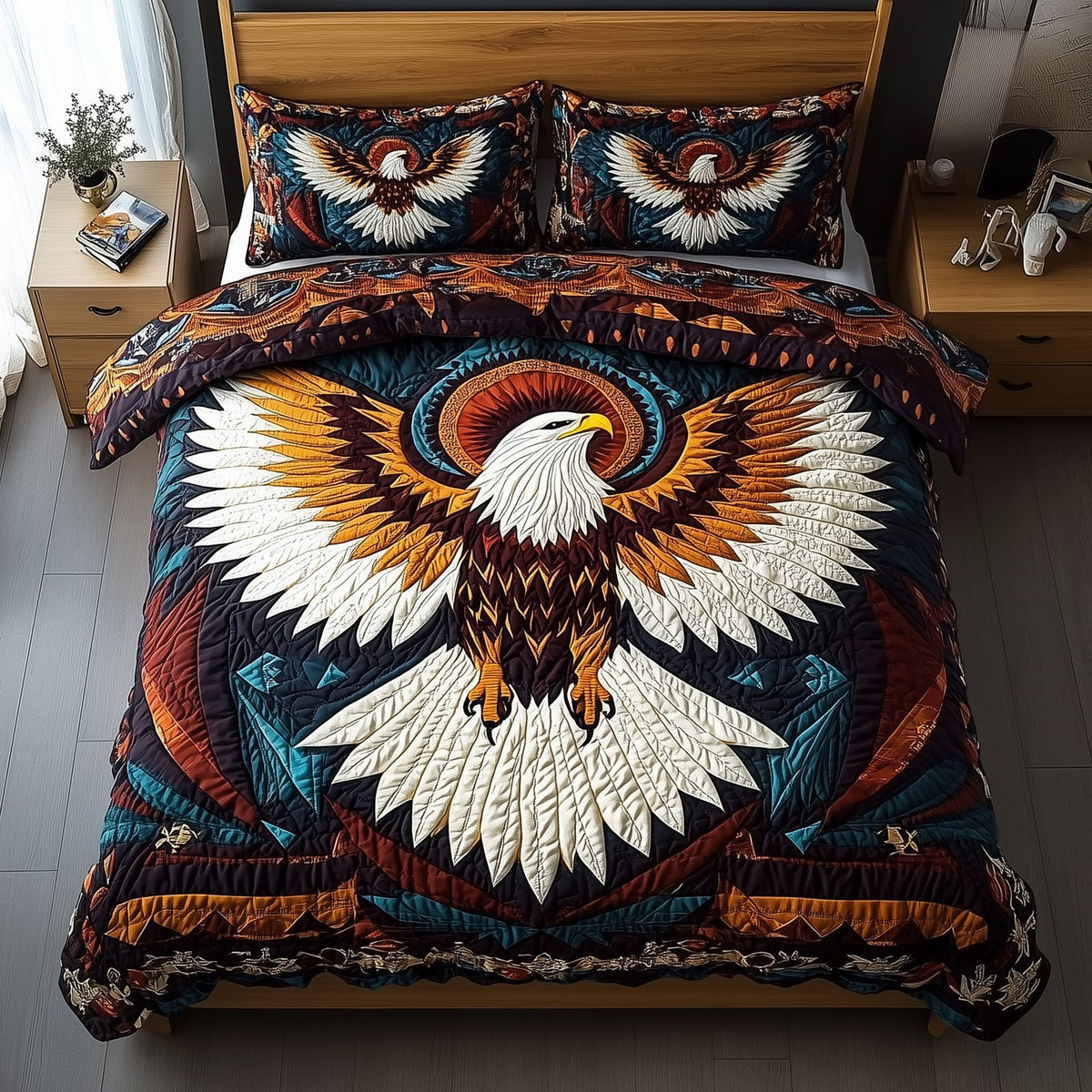 Mystic Wings of Valor quilted 3-piece bedding set on a made bed with two matching pillow shams