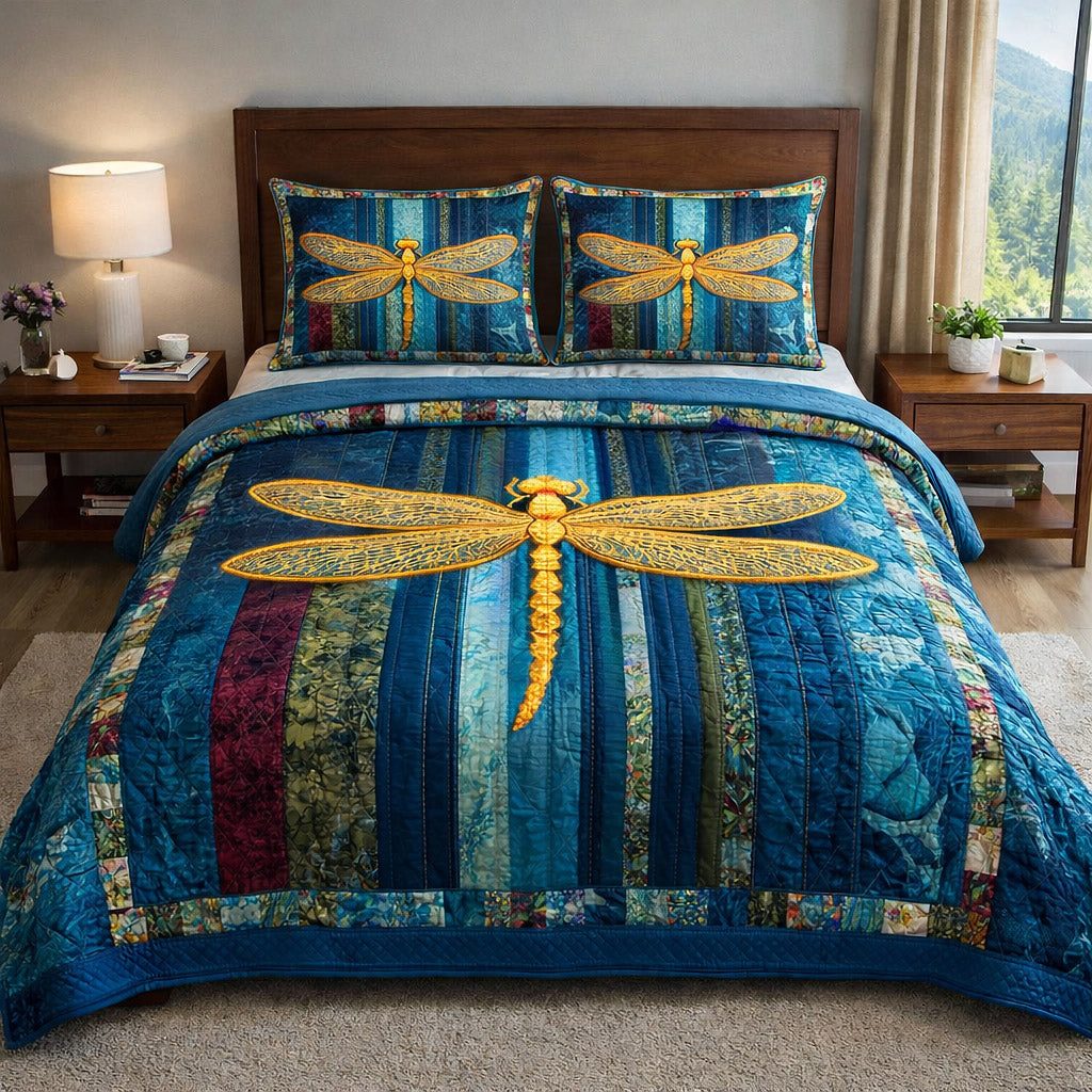 Mystic Wings quilted 3-piece bedding set on a made bed with two matching pillow shams