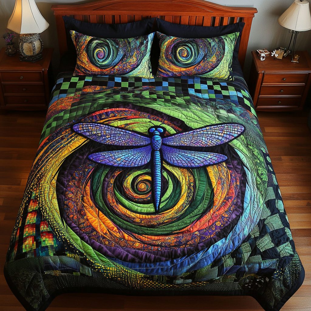 Mystic Wings quilted 3-piece bedding set on a made bed with two matching pillow shams