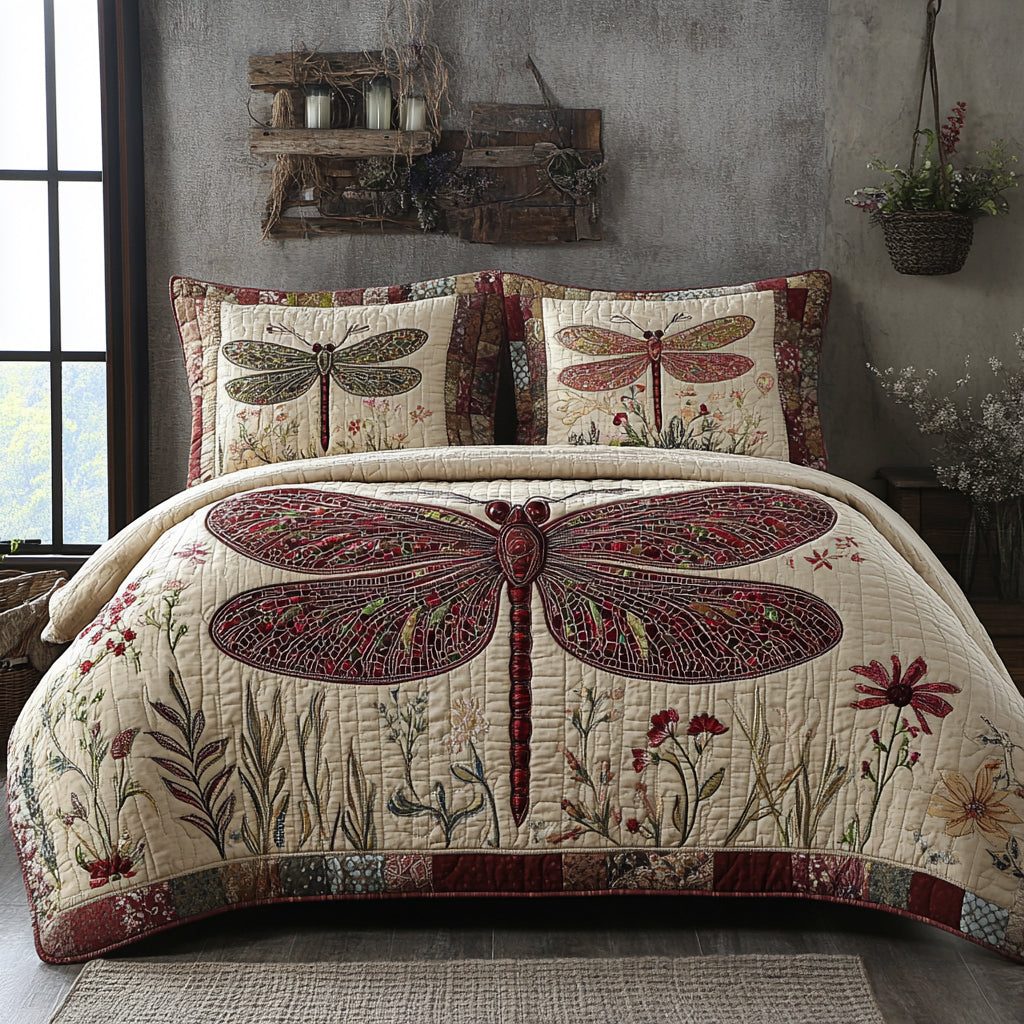 Mystic Wings quilted 3-piece bedding set on a made bed with two matching pillow shams