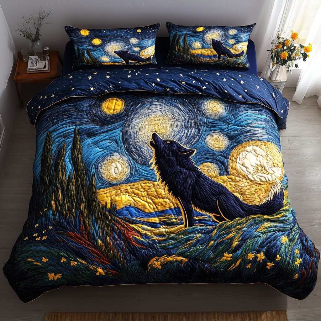 Mystic Wolf quilted 3-piece bedding set on a made bed with two matching pillow shams