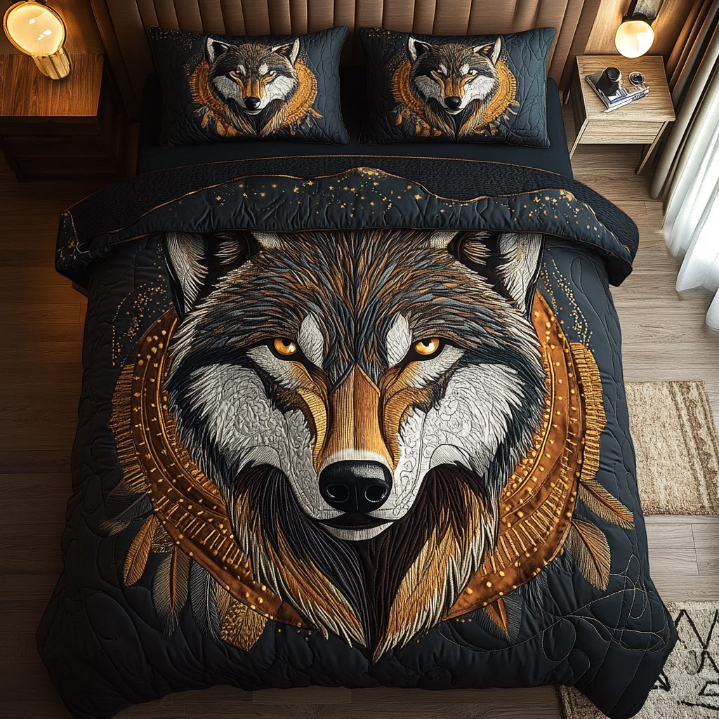 Mystic Wolf quilted 3-piece bedding set on a made bed with two matching pillow shams