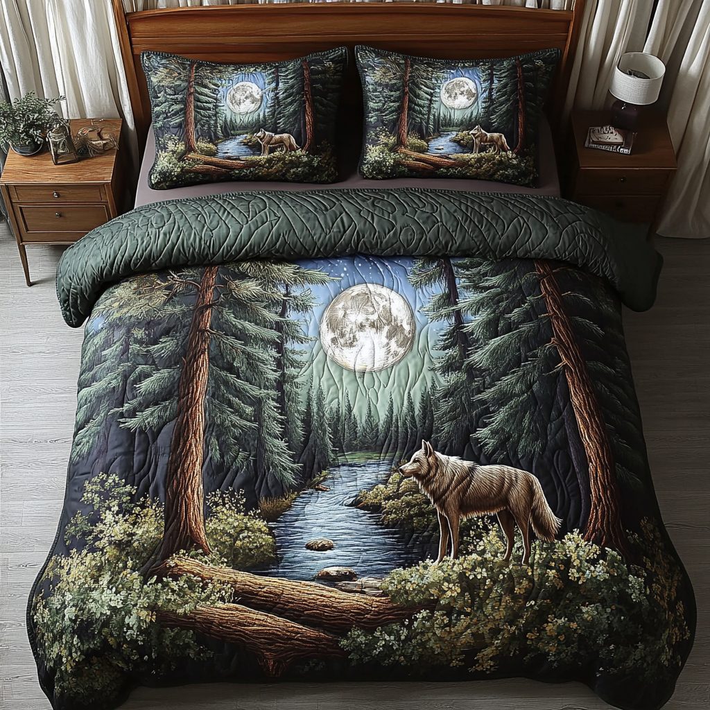 Mystic Wolf quilted 3-piece bedding set on a made bed with two matching pillow shams