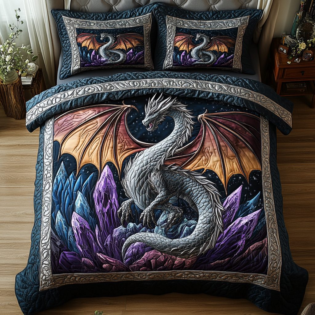 Mystic Wyvern quilted 3-piece bedding set on a made bed with two matching pillow shams