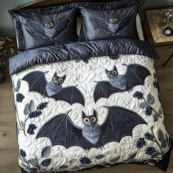 Mystical Bat quilted 3-piece bedding set on a made bed against a dark styled interior