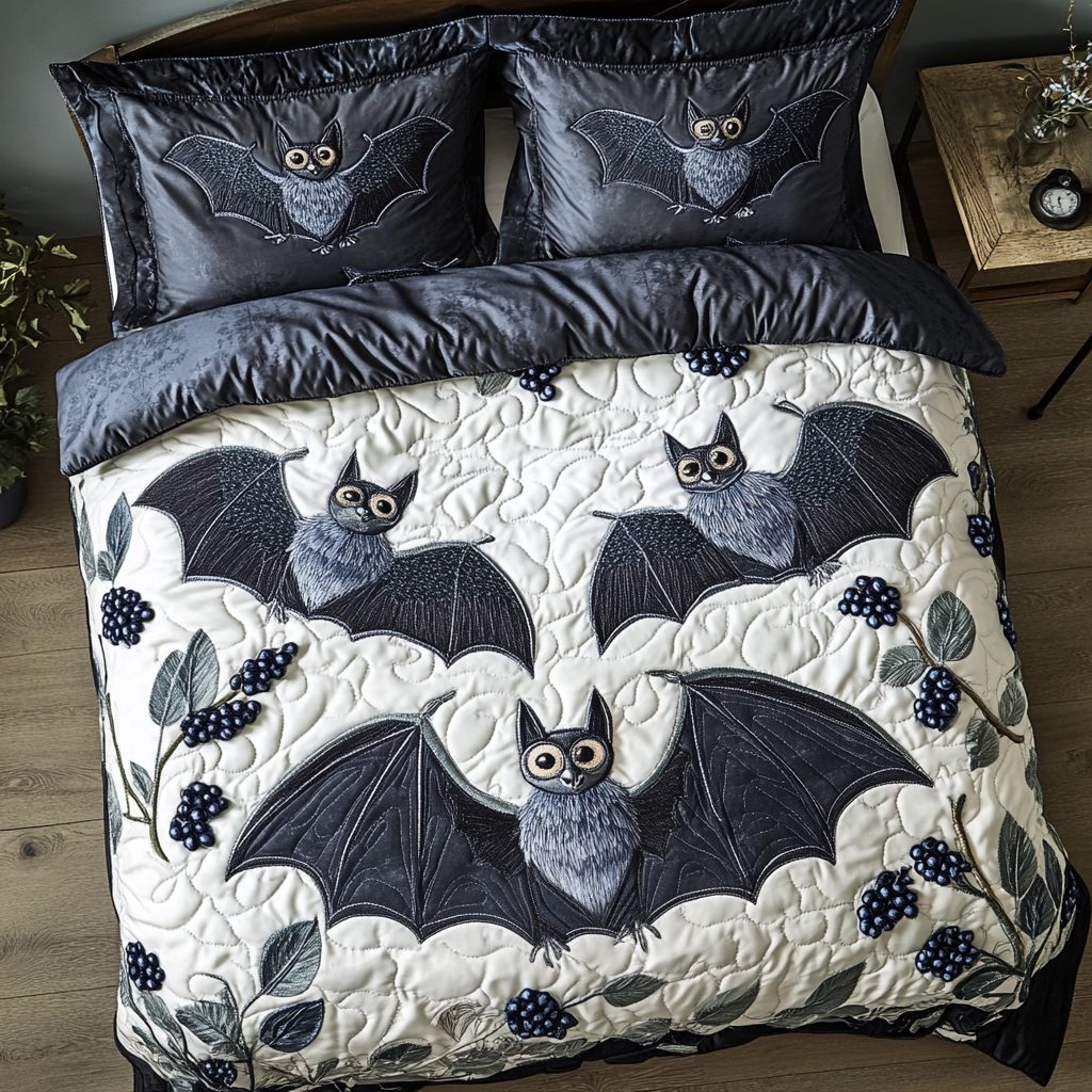 Mystical Bat quilted 3-piece bedding set on a made bed against a dark styled interior
