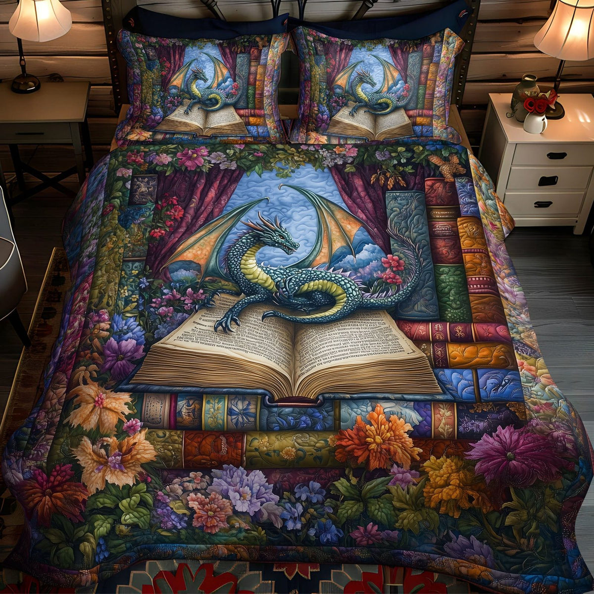 Mystical Dragonheart quilted 3-piece bedding set on a made bed with two matching pillow shams