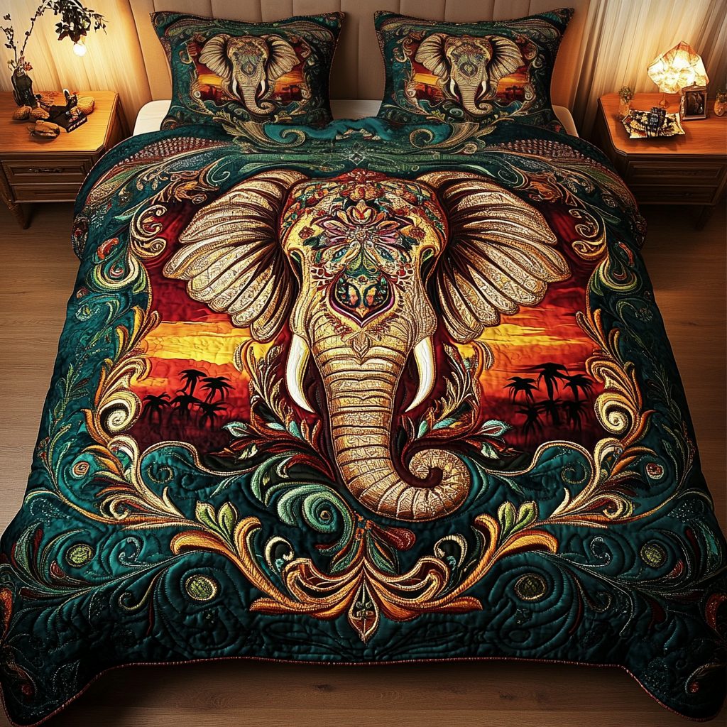 Mystical Elephant quilted 3-piece bedding set on a made bed with two matching pillow shams