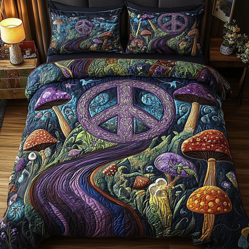 Mystical Midnight Peace quilted 3-piece bedding set on a made bed with two matching pillow shams