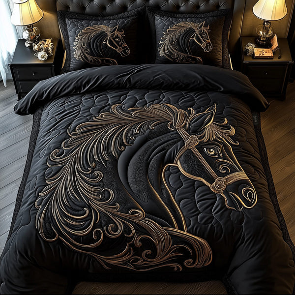 Mystique Black Horse quilted 3-piece bedding set on a made bed in a rustic timber bedroom