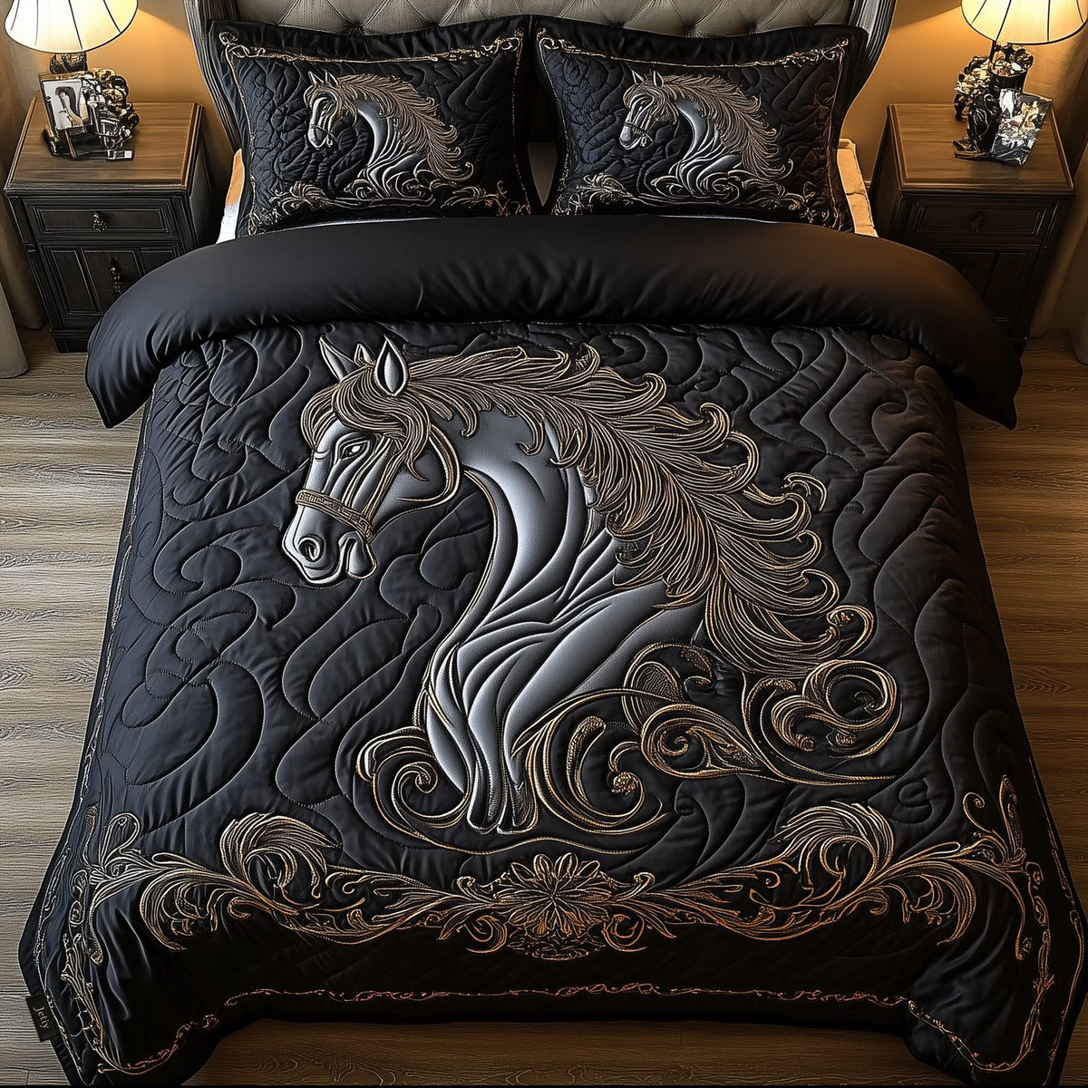 Mystique Black Horse quilted 3-piece bedding set on a made bed in a rustic timber bedroom