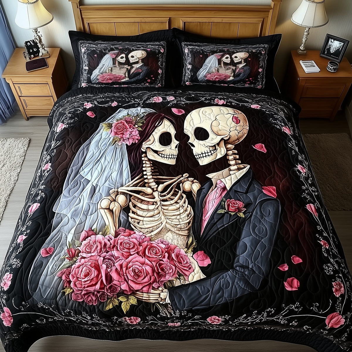 Mystique Skull Couple quilted 3-piece bedding set on a made bed against a dark styled interior