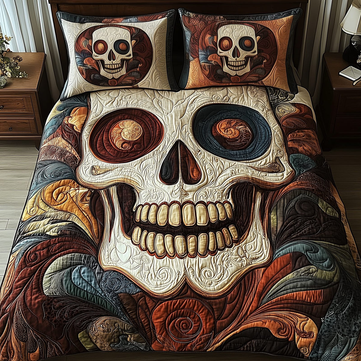 Mystique Skull quilted 3-piece bedding set on a made bed against a dark styled interior