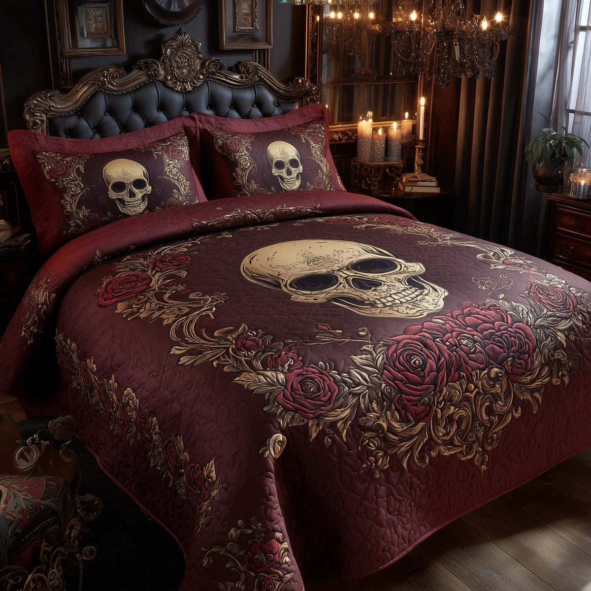 Mystique Solo Skull quilted 3-piece bedding set on a made bed against a dark styled interior