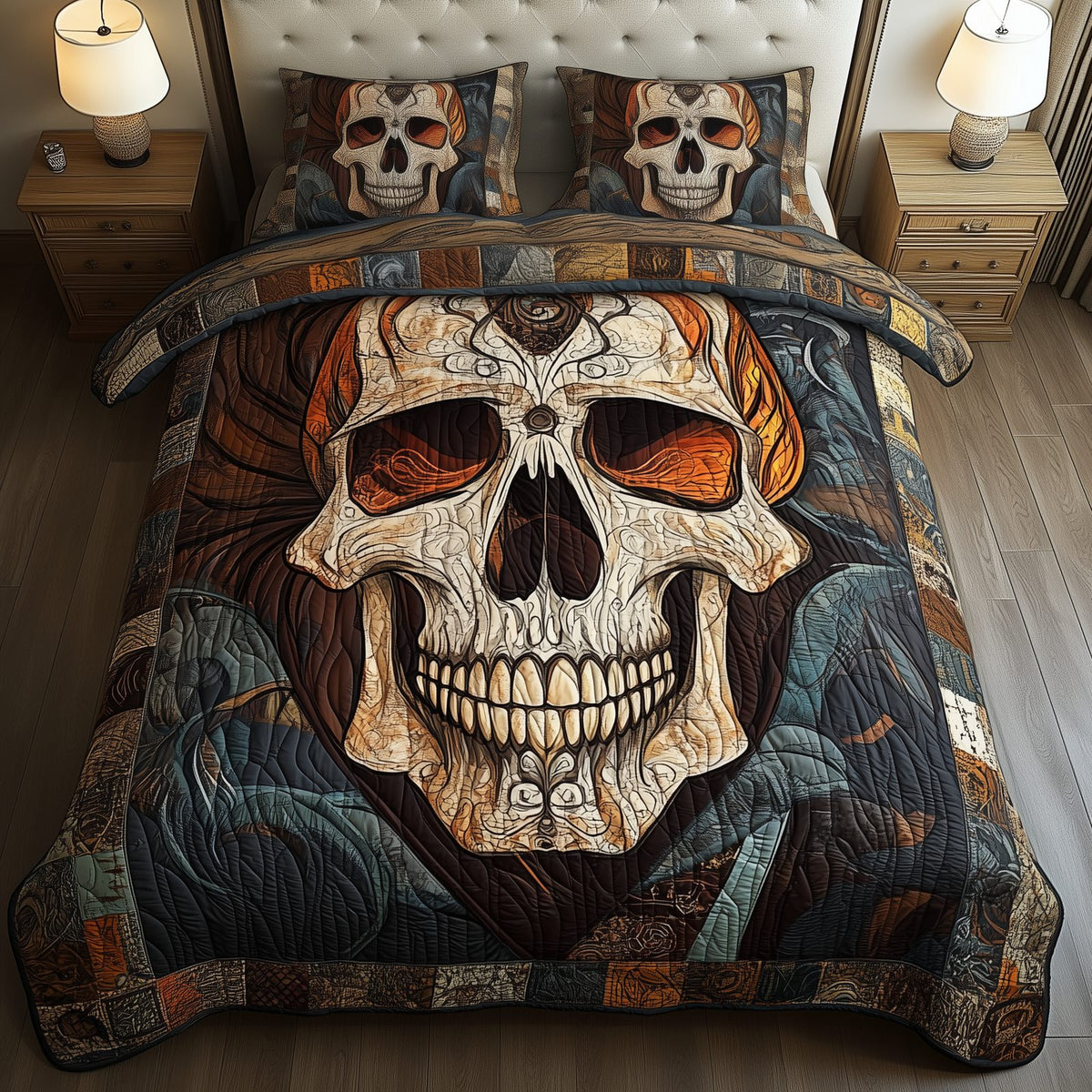 Mystique Solo Skull quilted 3-piece bedding set on a made bed against a dark styled interior