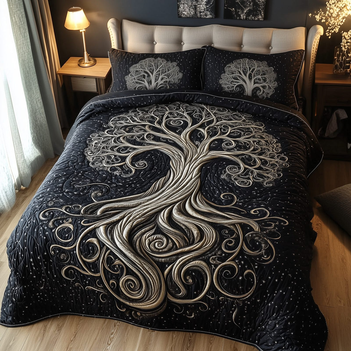 Mythic Tree of Life quilted 3-piece bedding set on a made bed with two matching pillow shams