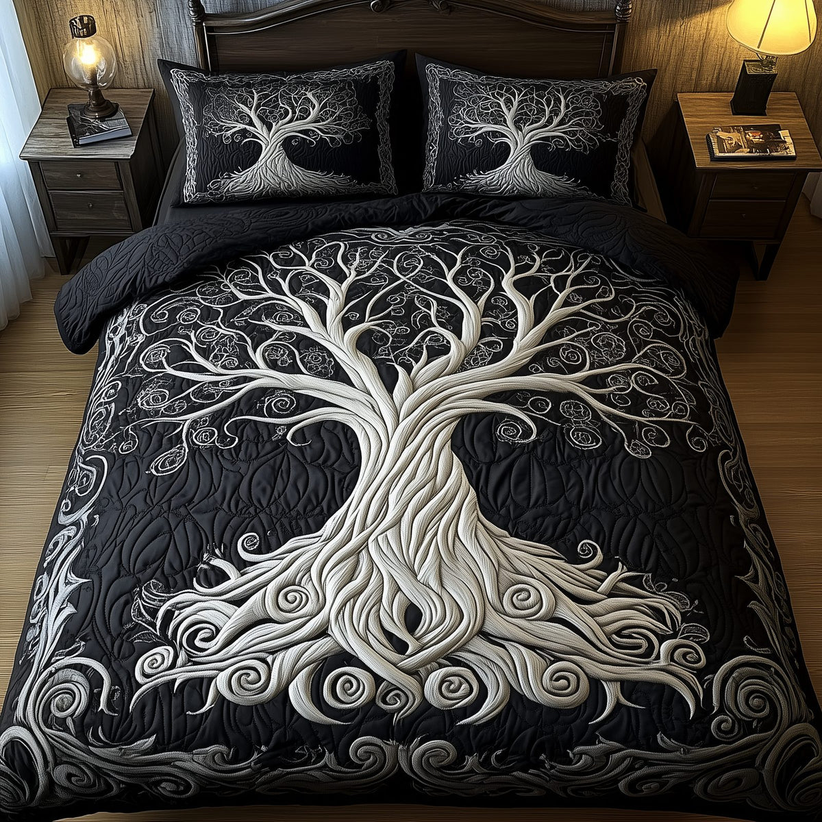 Mythic Tree of Life quilted 3-piece bedding set on a made bed with two matching pillow shams