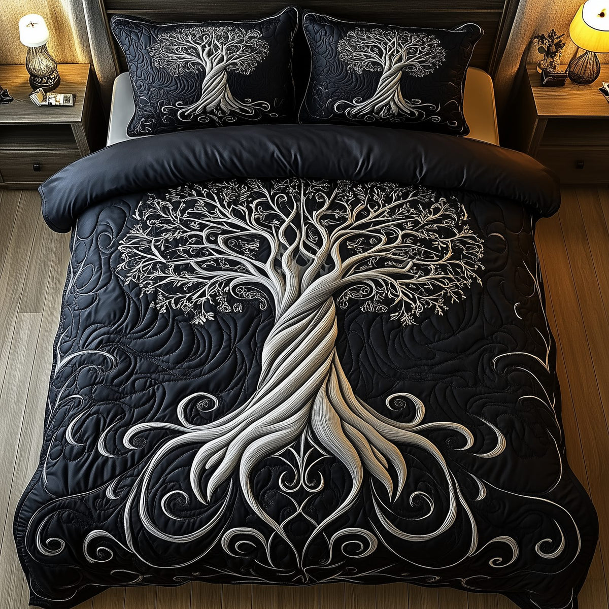 Mythic Tree of Life quilted 3-piece bedding set on a made bed with two matching pillow shams