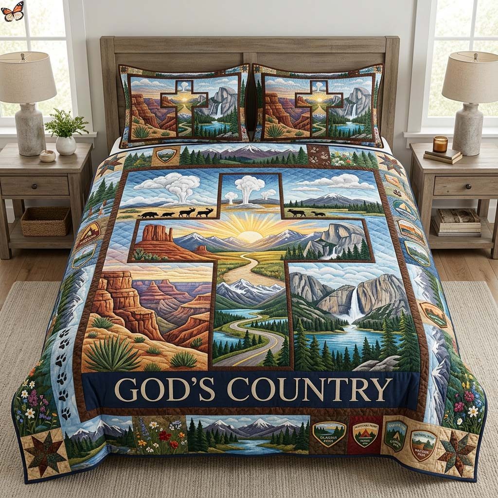 National Parks Faith quilted 3-piece bedding set on a made bed in a softly lit bedroom