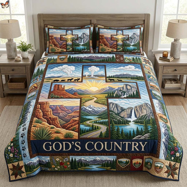 National Parks Faith quilted 3-piece bedding set on a made bed in a softly lit bedroom