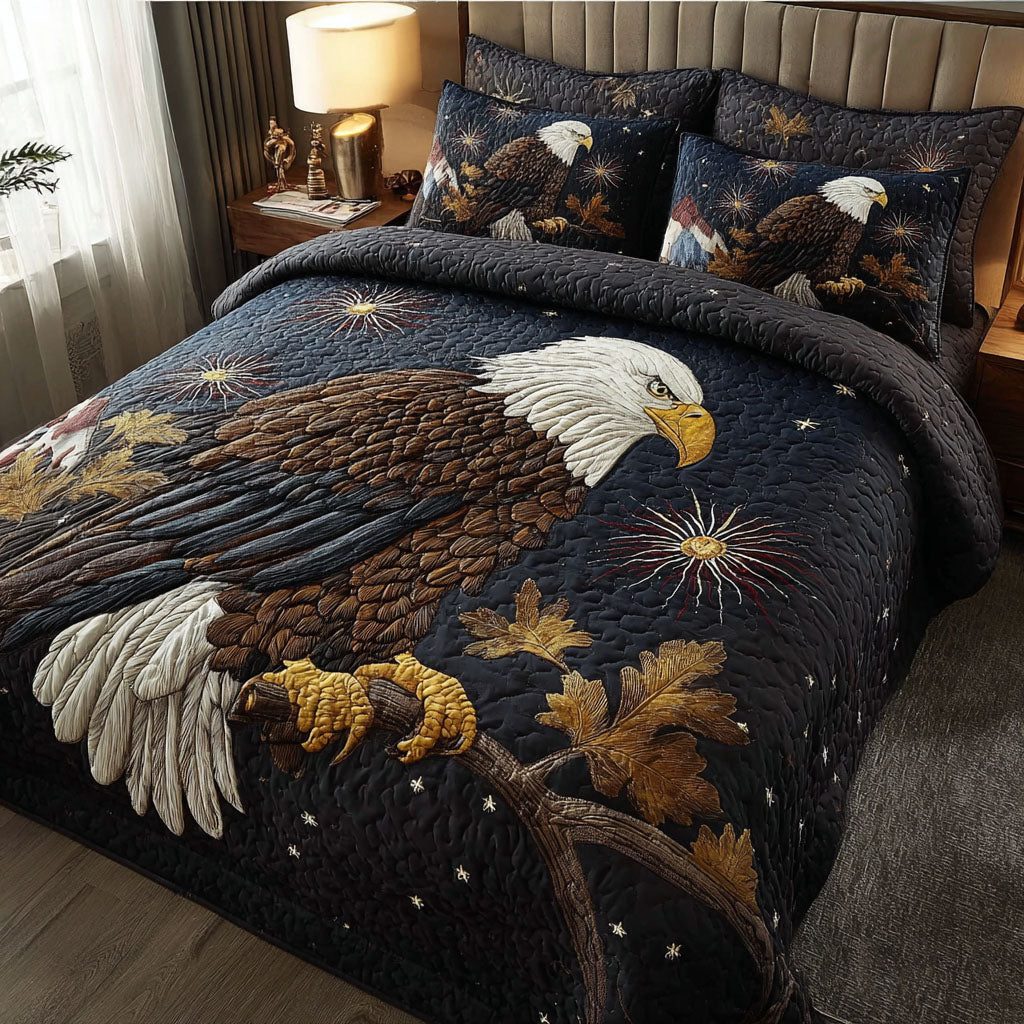 National Pride quilted 3-piece bedding set on a made bed with two matching pillow shams