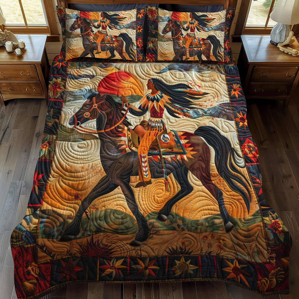 Native American Horse quilted 3-piece bedding set on a made bed in a warmly lit bedroom