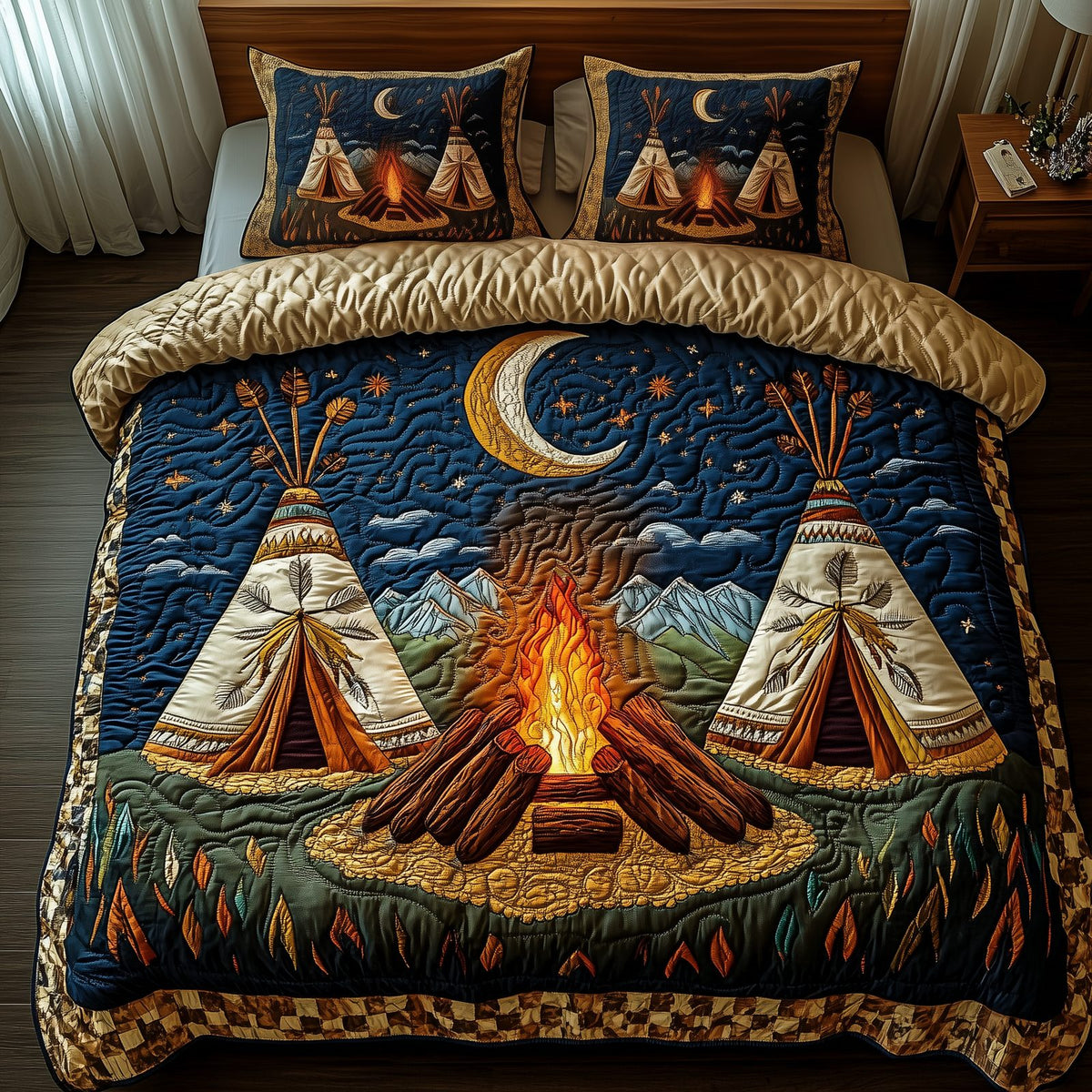 Native American Tent quilted 3-piece bedding set on a made bed in a warmly lit bedroom