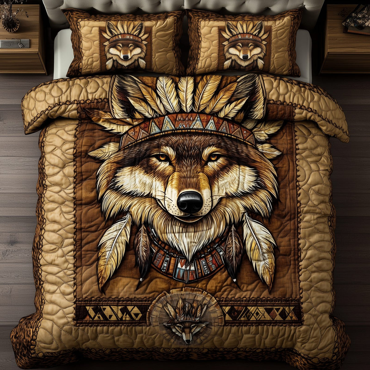 Native American Wolf quilted 3-piece bedding set on a made bed in a warmly lit bedroom