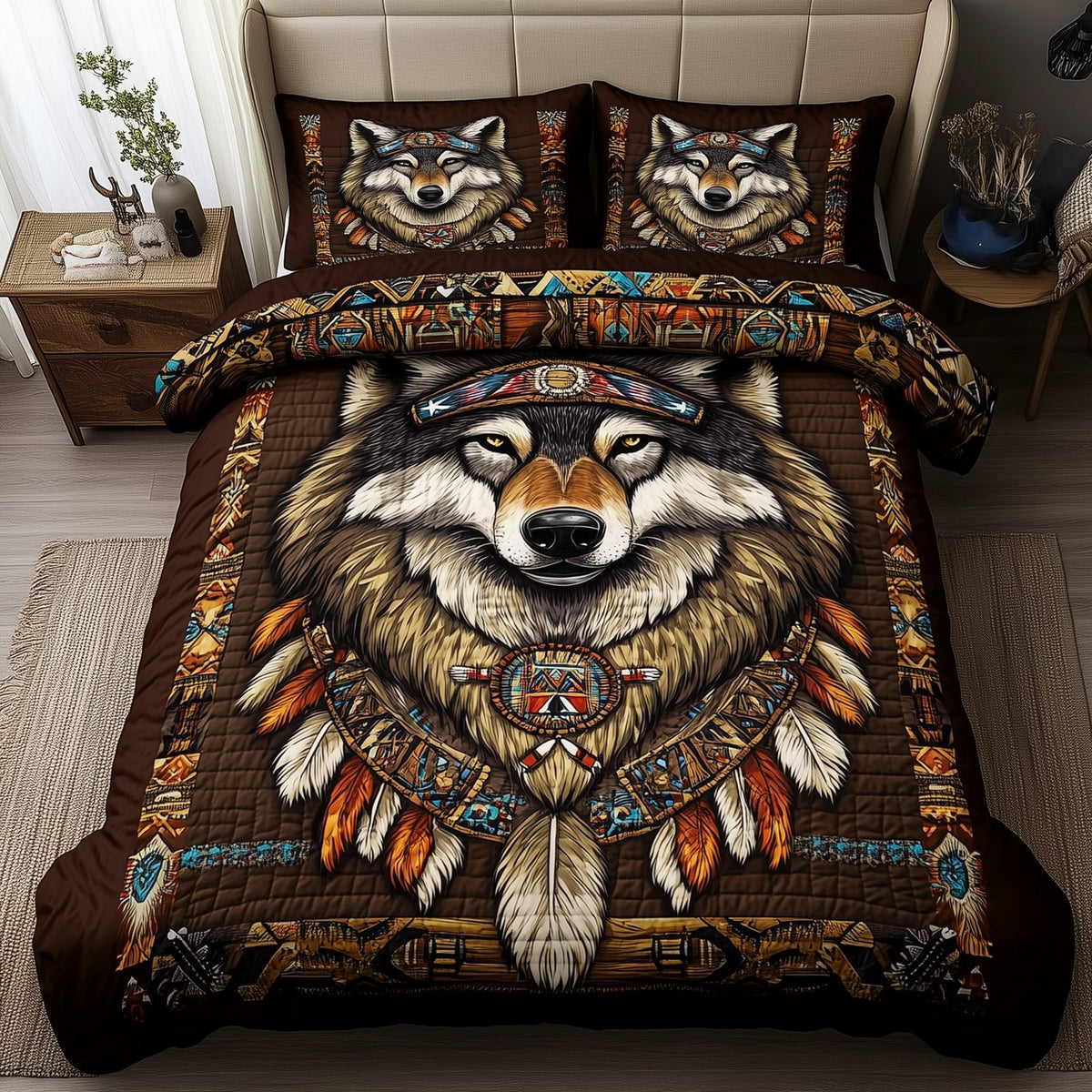 Native American Wolf quilted 3-piece bedding set on a made bed in a warmly lit bedroom