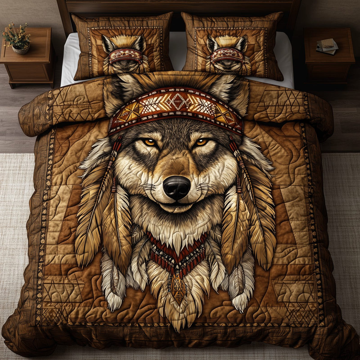Native American Wolf quilted 3-piece bedding set on a made bed in a warmly lit bedroom