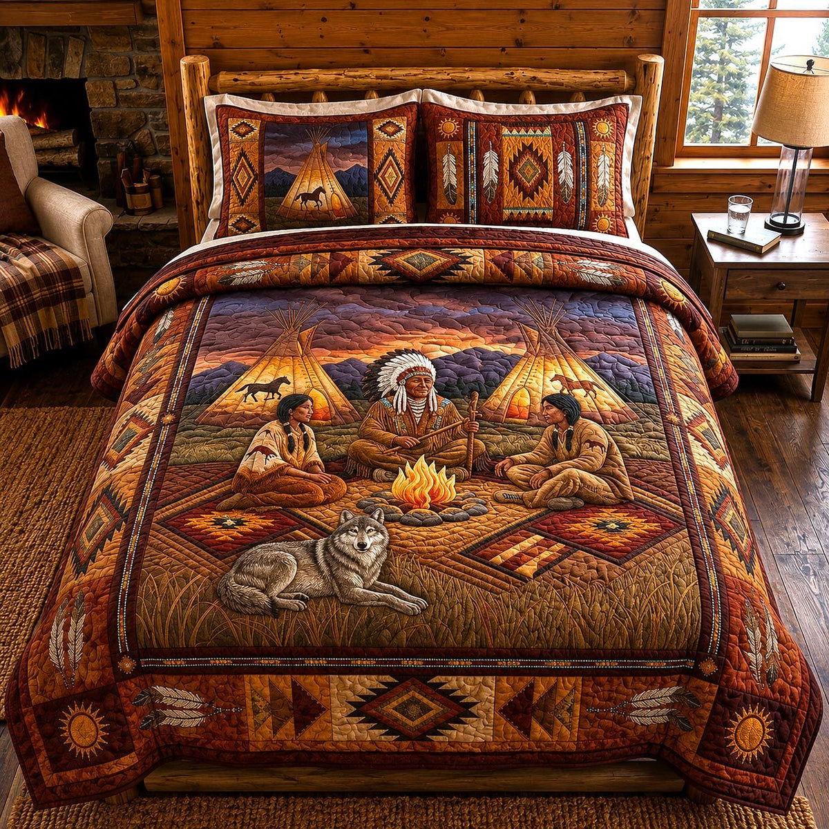 Native Beauty quilted 3-piece bedding set on a made bed with two matching pillow shams