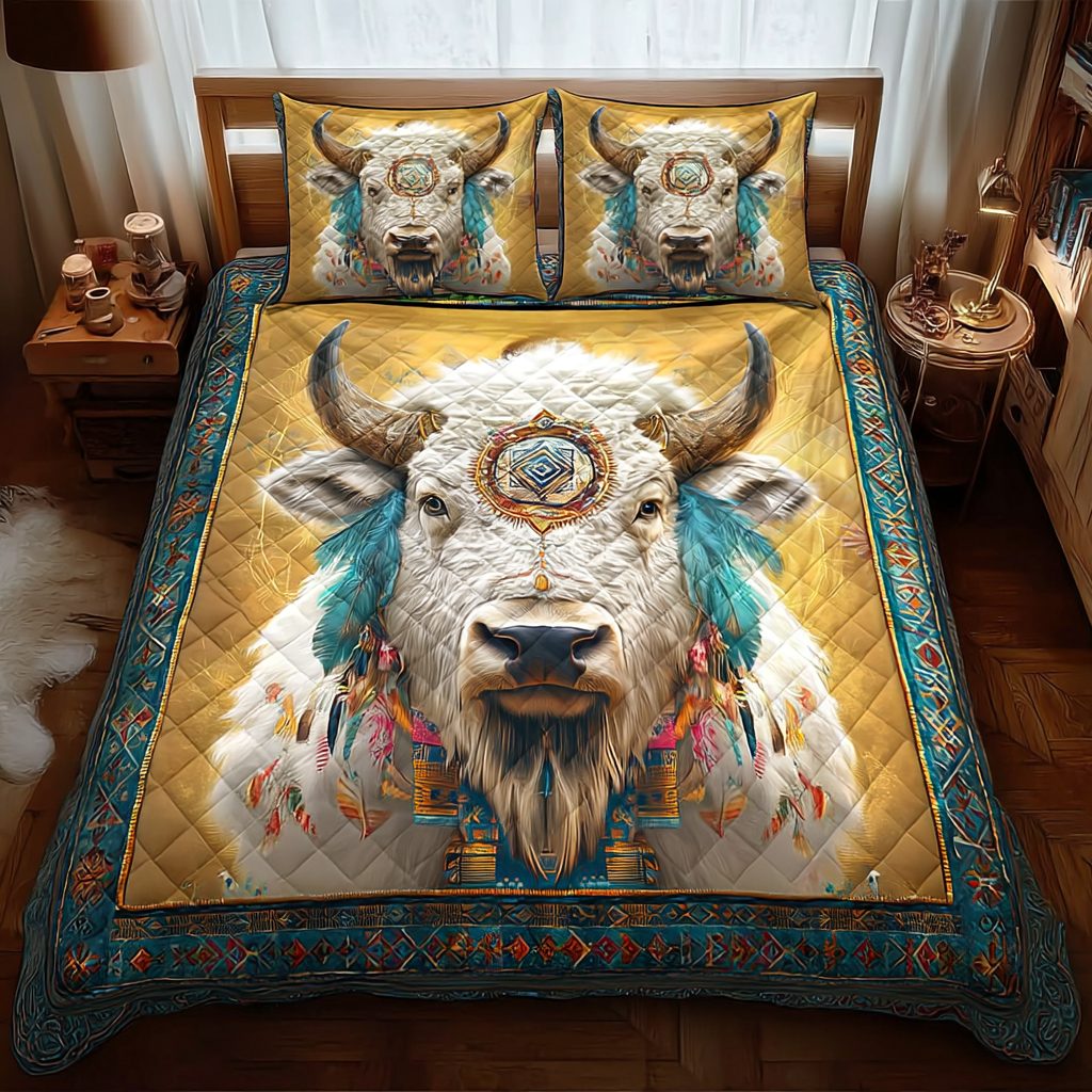 Native Blessing quilted 3-piece bedding set on a made bed with two matching pillow shams