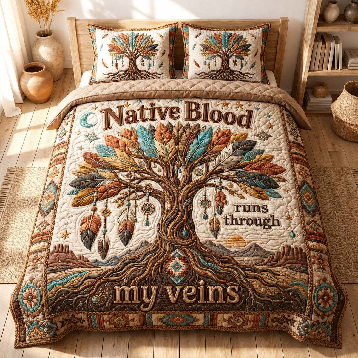 Native Blood Roots quilted 3-piece bedding set on a made bed with two matching pillow shams