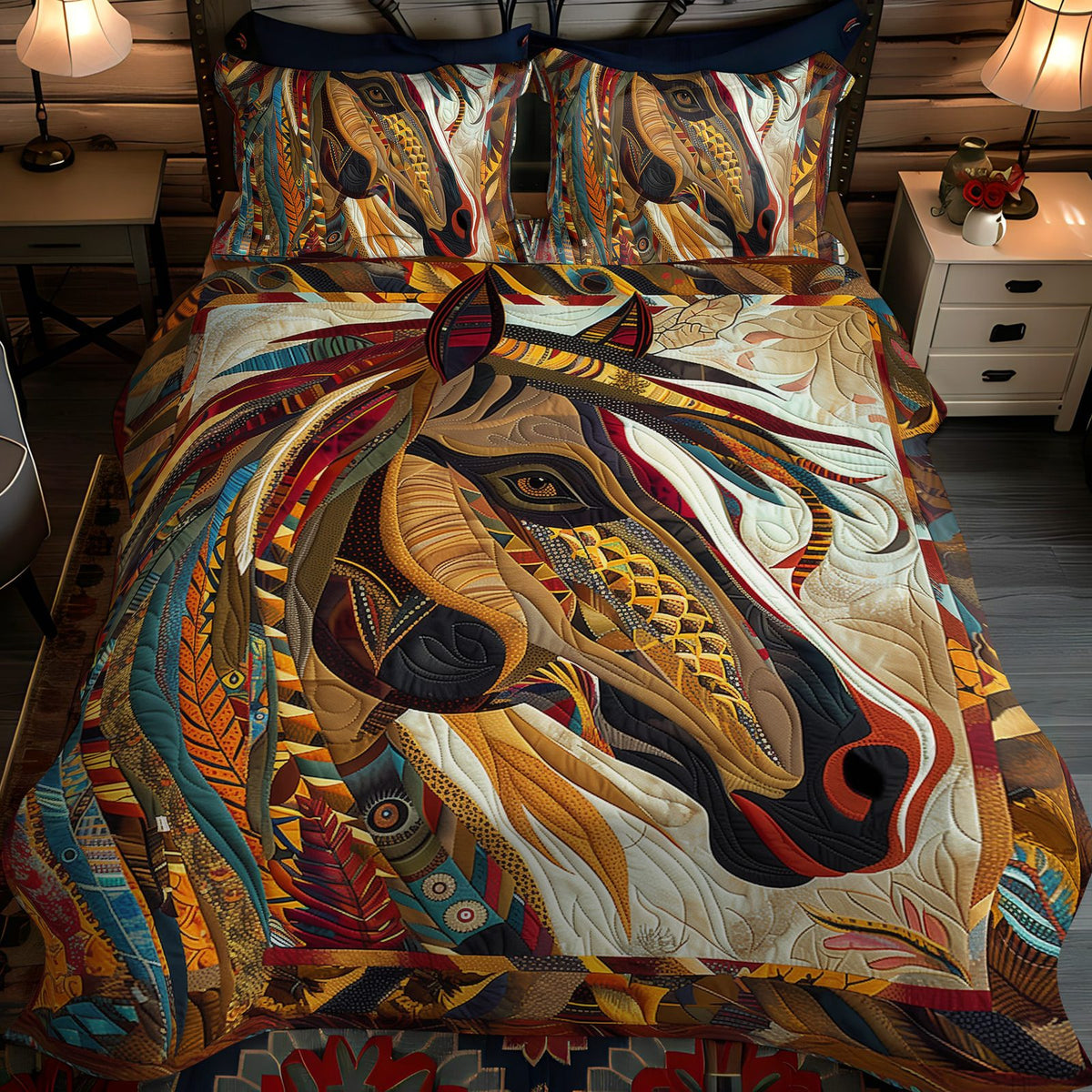 Native Canter quilted 3-piece bedding set on a made bed with two matching pillow shams