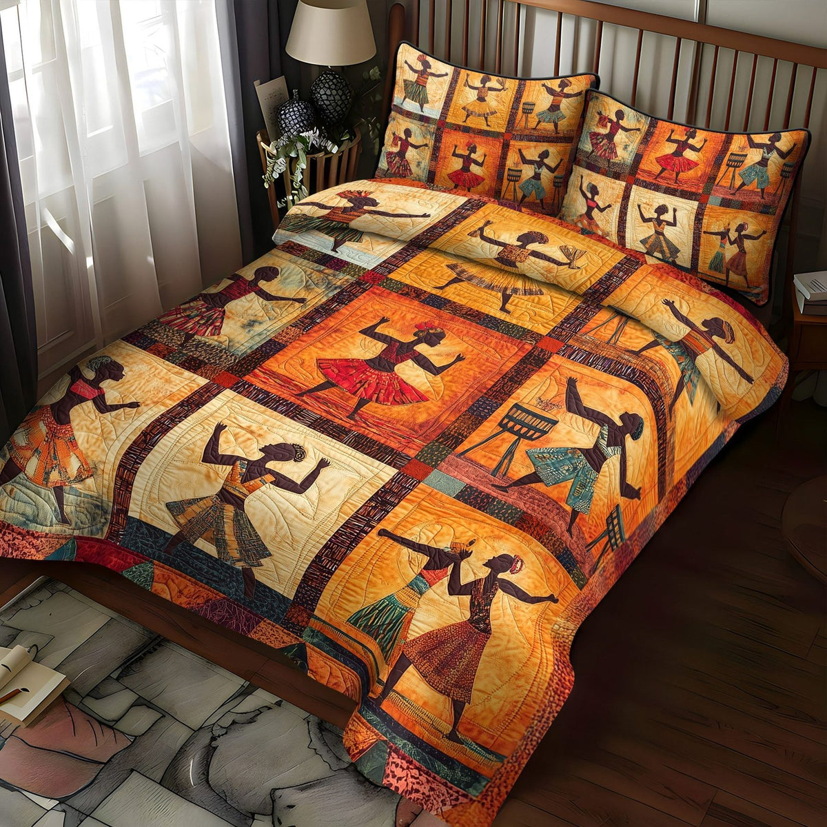 Native Earth quilted 3-piece bedding set on a made bed with two matching pillow shams