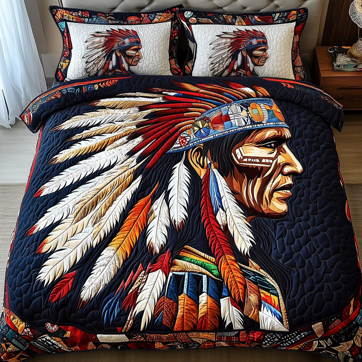 Native Essence quilted 3-piece bedding set on a made bed with two matching pillow shams