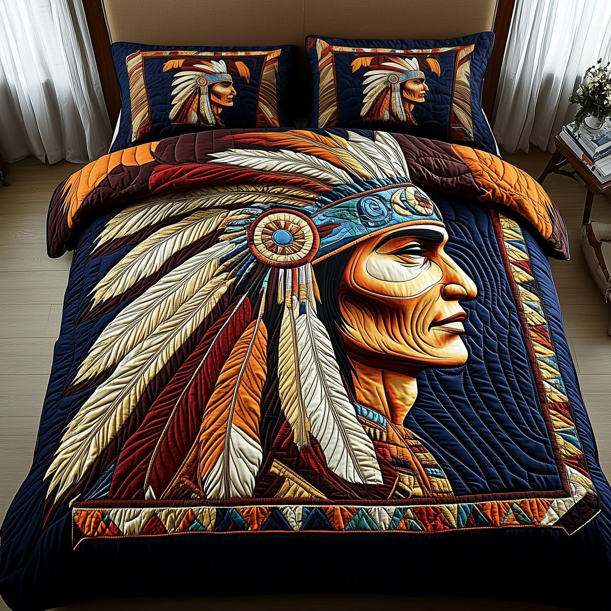 Native Essence quilted 3-piece bedding set on a made bed with two matching pillow shams