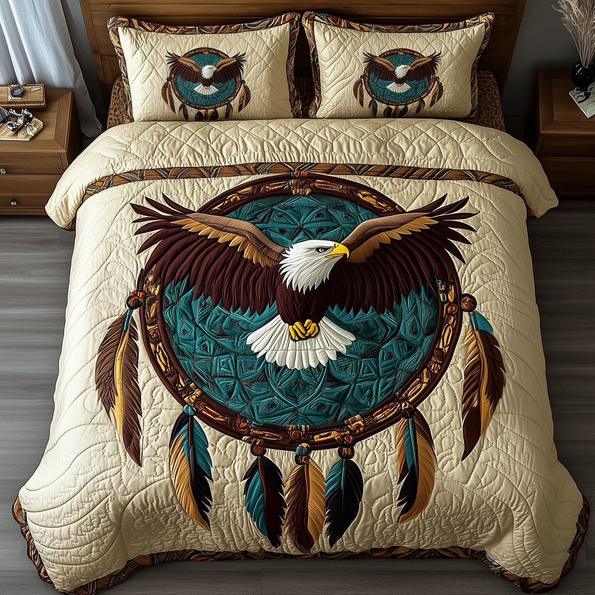 Native Freedom quilted 3-piece bedding set on a made bed in a warmly lit bedroom