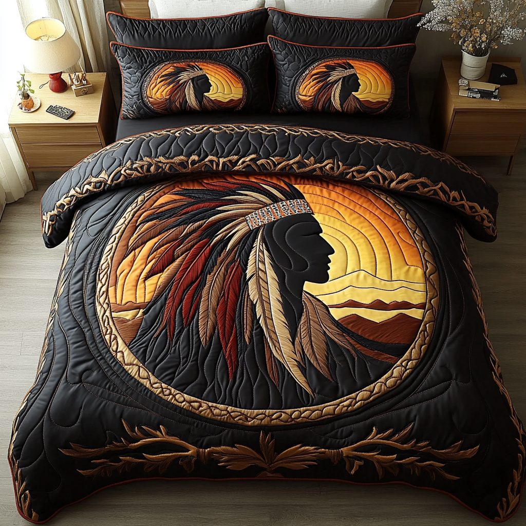 Native Guardian quilted 3-piece bedding set on a made bed with two matching pillow shams
