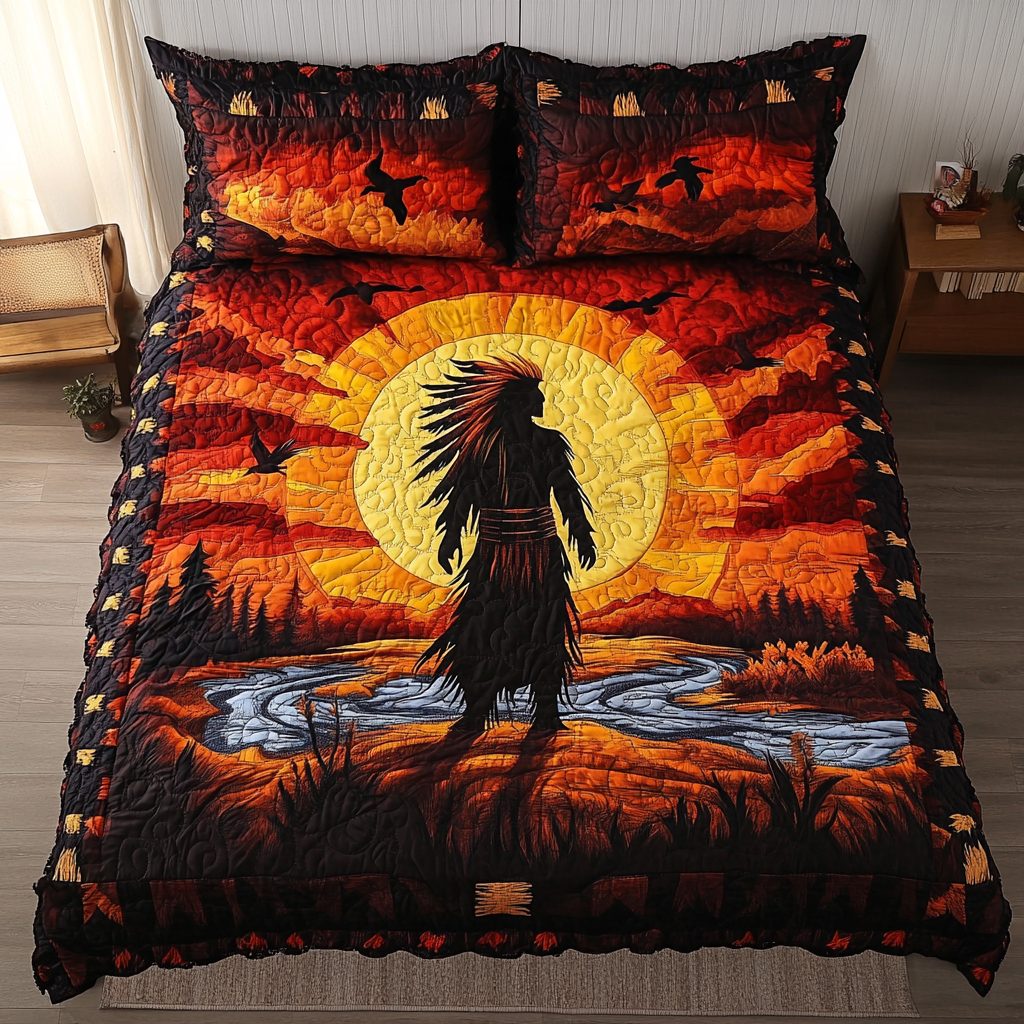 Native Soul quilted 3-piece bedding set on a made bed with two matching pillow shams