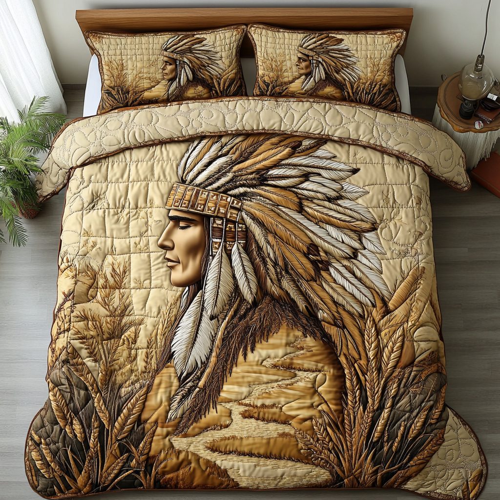 Native Spirit quilted 3-piece bedding set on a made bed with two matching pillow shams