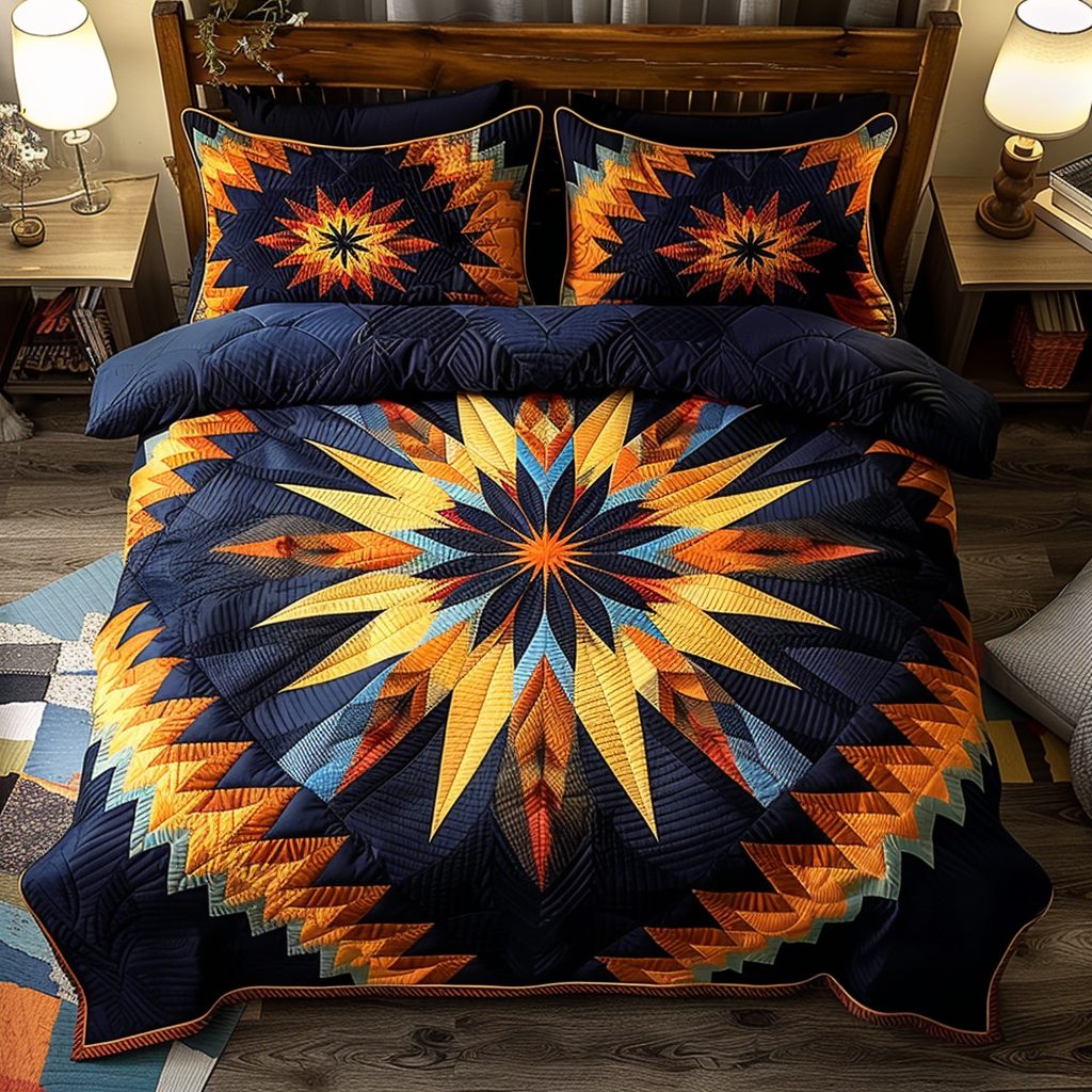 Native Starburst quilted 3-piece bedding set on a made bed with two matching pillow shams