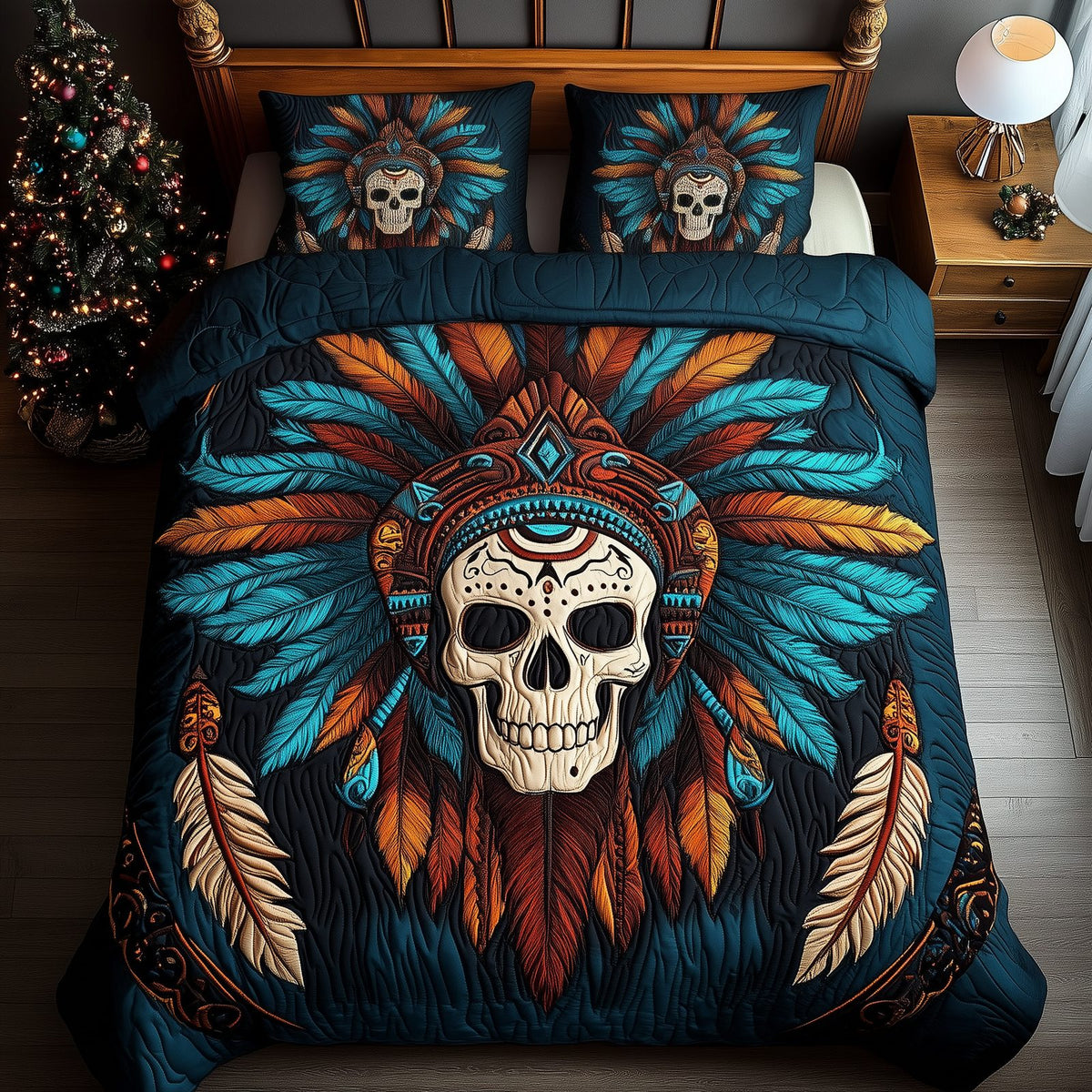 Native Warrior Skull quilted 3-piece bedding set on a made bed against a dark styled interior