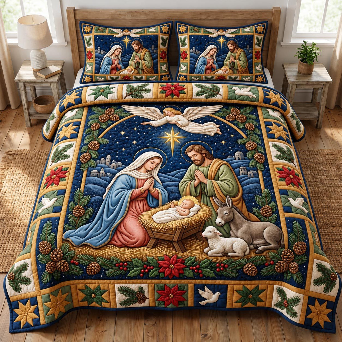 Nativity Scene quilted 3-piece bedding set on a made bed in a winter-styled bedroom
