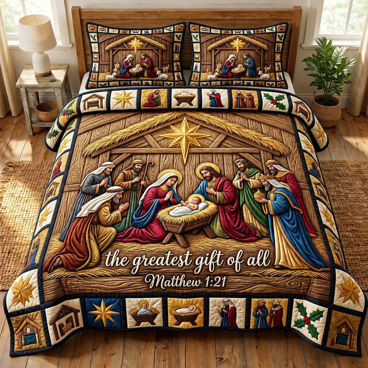 Nativity Scene quilted 3-piece bedding set on a made bed in a winter-styled bedroom